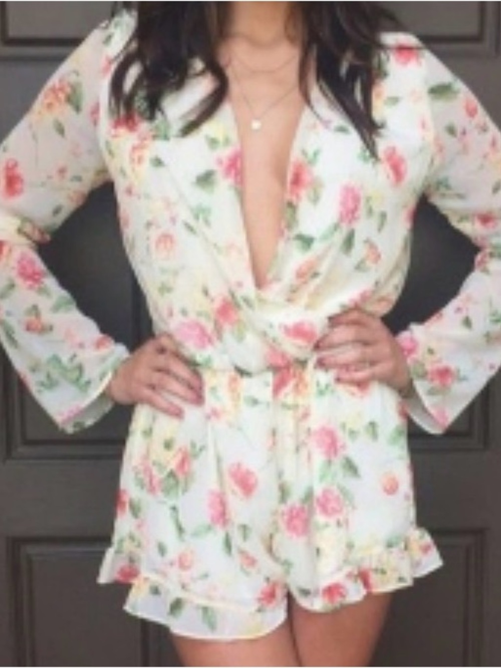 Honey Punch White Floral Blouse with Pink and Green Print